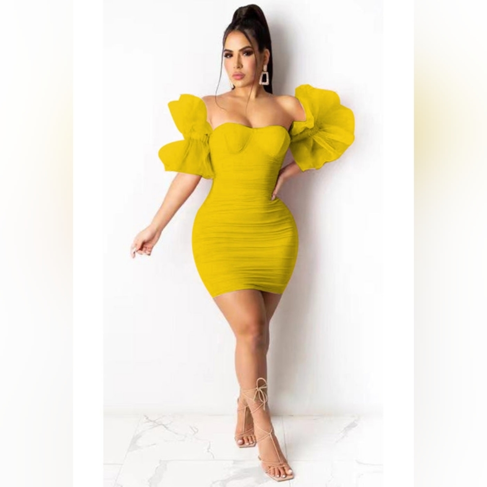 Women fashion mini Off the shoulder organza Sleeve bodycon dress s,m,l,xl,xxl.
